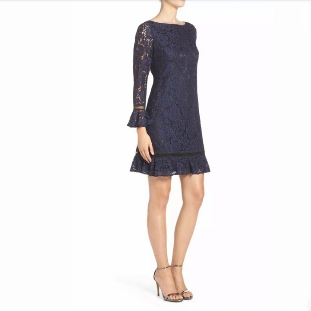 Euc Eliza J Navy & Black Lace Shift Dress